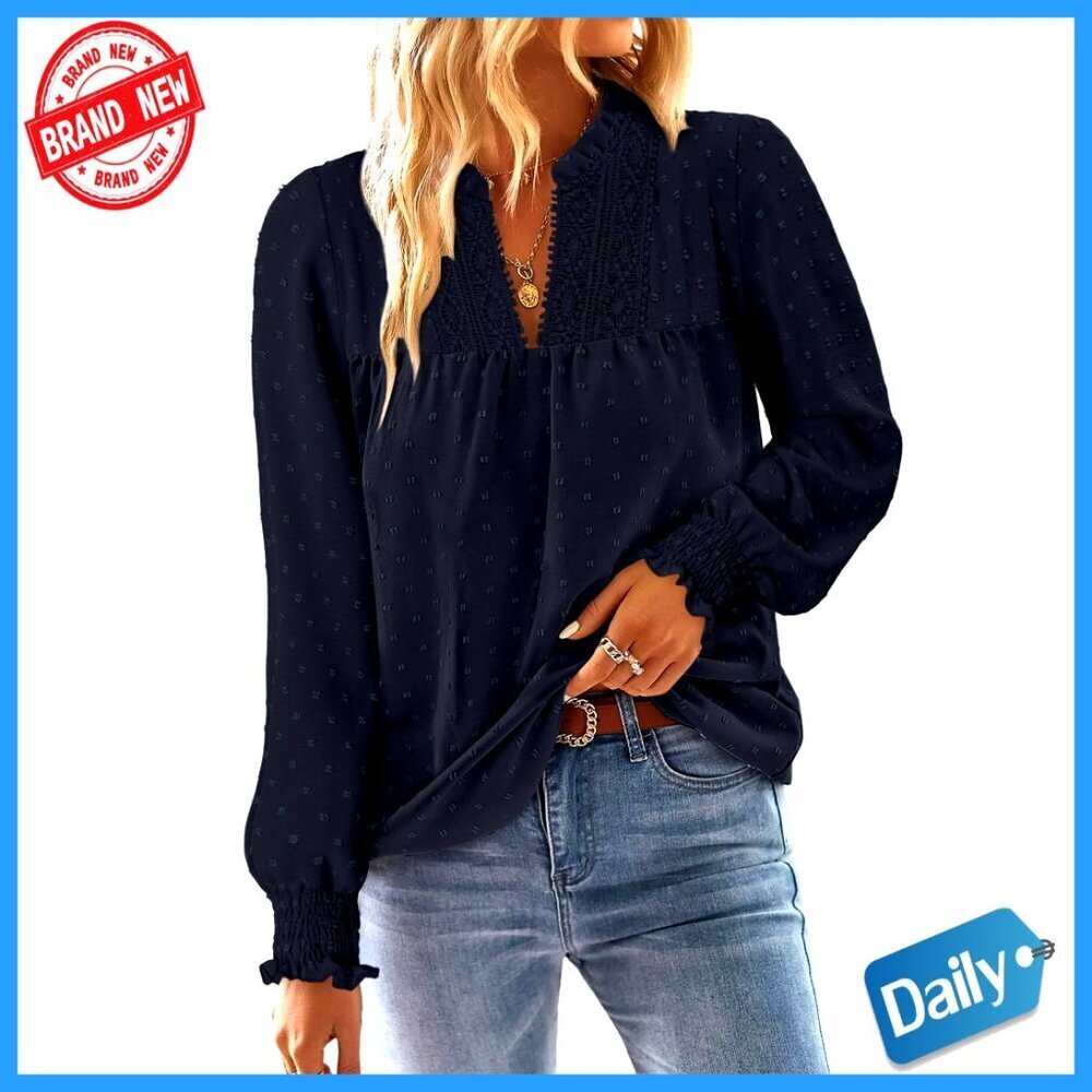 Long Sleeve V Neck Boho Blouse Swiss Dot Lace Trim Flowy Tunic Top